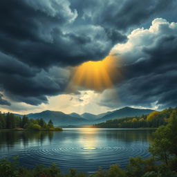 A serene landscape depicting a peaceful scene set amidst a raging storm