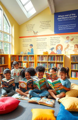 An educational scene showcasing a diverse group of children happily engaging with various literacy books in a colorful library filled with shelves of books, large windows allowing natural light, and cozy reading areas with cushions