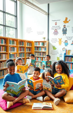 An educational scene showcasing a diverse group of children happily engaging with various literacy books in a colorful library filled with shelves of books, large windows allowing natural light, and cozy reading areas with cushions