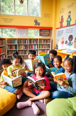 An educational scene showcasing a diverse group of children happily engaging with various literacy books in a colorful library filled with shelves of books, large windows allowing natural light, and cozy reading areas with cushions