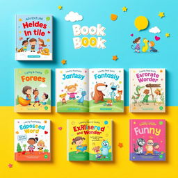 A vibrant and colorful children's book catalog layout featuring an array of illustrated book covers targeting young readers