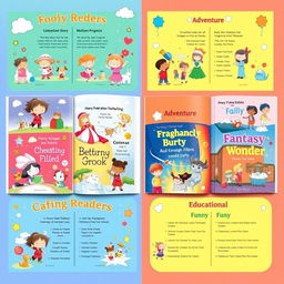 A vibrant and colorful children's book catalog layout featuring an array of illustrated book covers targeting young readers