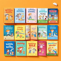 A vibrant and colorful children's book catalog layout featuring an array of illustrated book covers targeting young readers