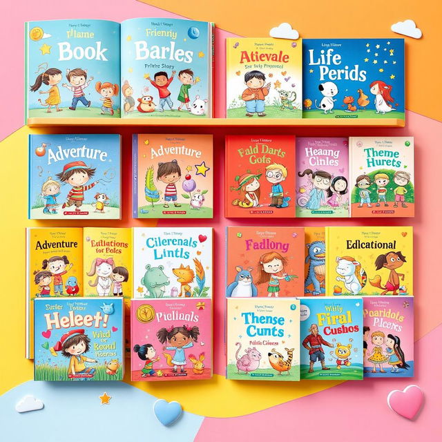 A vibrant and colorful children's book catalog layout featuring an array of illustrated book covers targeting young readers