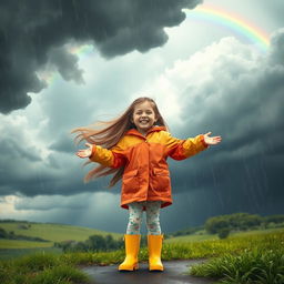 A serene scene portraying a young girl standing joyfully amidst a raging storm