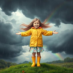 A serene scene portraying a young girl standing joyfully amidst a raging storm