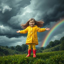 A serene scene portraying a young girl standing joyfully amidst a raging storm