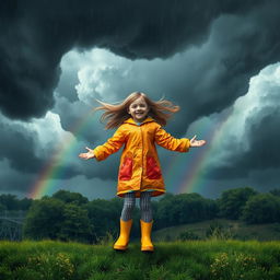 A serene scene portraying a young girl standing joyfully amidst a raging storm