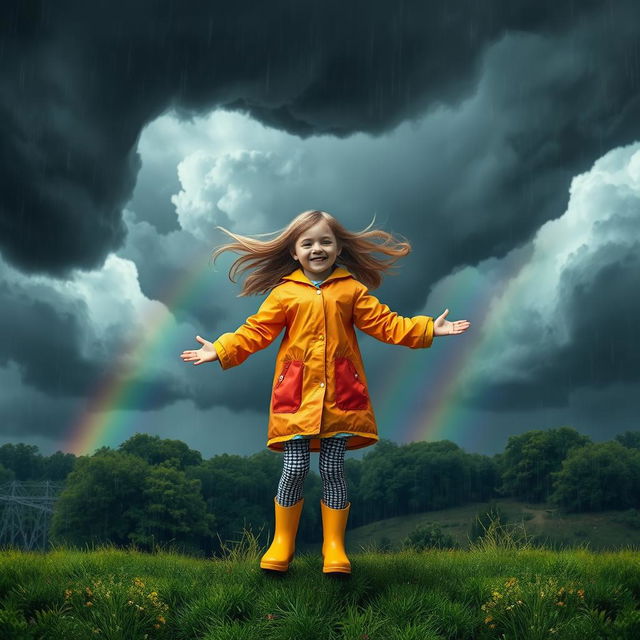 A serene scene portraying a young girl standing joyfully amidst a raging storm