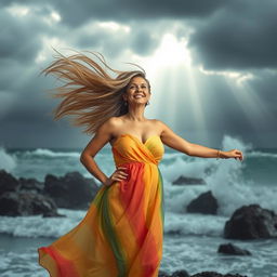 A grown woman standing confidently amidst a tempestuous storm, her hair blowing wildly in the wind but her expression radiating happiness