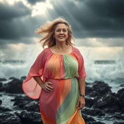 A grown woman standing confidently amidst a tempestuous storm, her hair blowing wildly in the wind but her expression radiating happiness