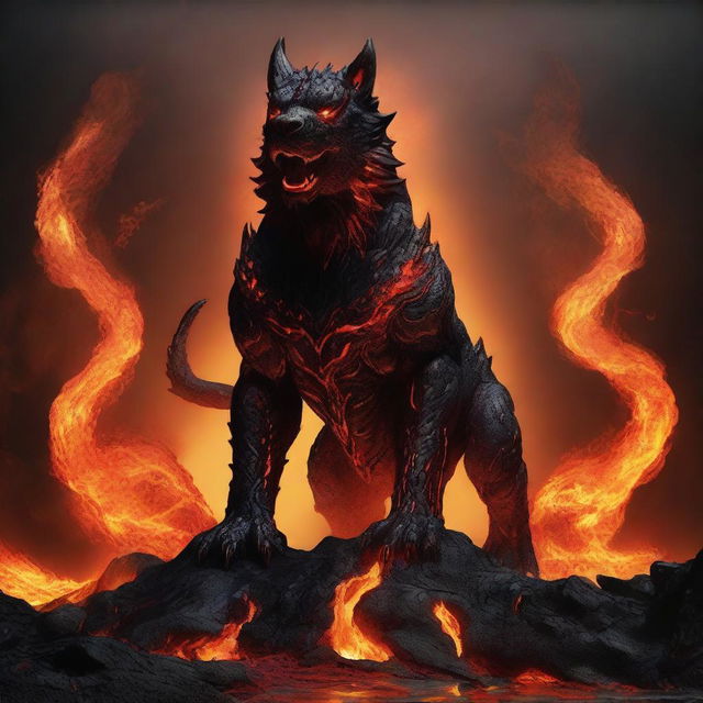 A fearsome Cerberus, formed from flowing lava, standing defiantly at the entrance of a flaming underworld.