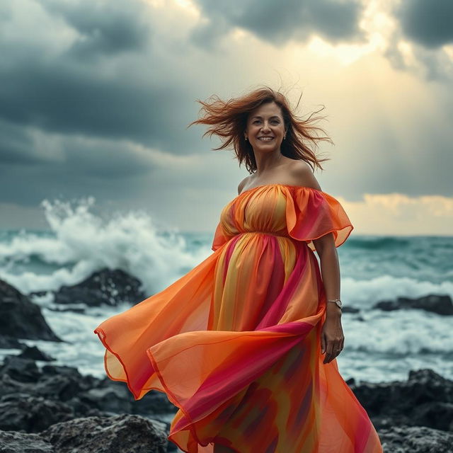 A grown woman standing confidently amidst a tempestuous storm, her hair blowing wildly in the wind but her expression radiating happiness