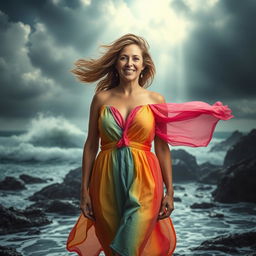 A grown woman standing confidently amidst a tempestuous storm, her hair blowing wildly in the wind but her expression radiating happiness
