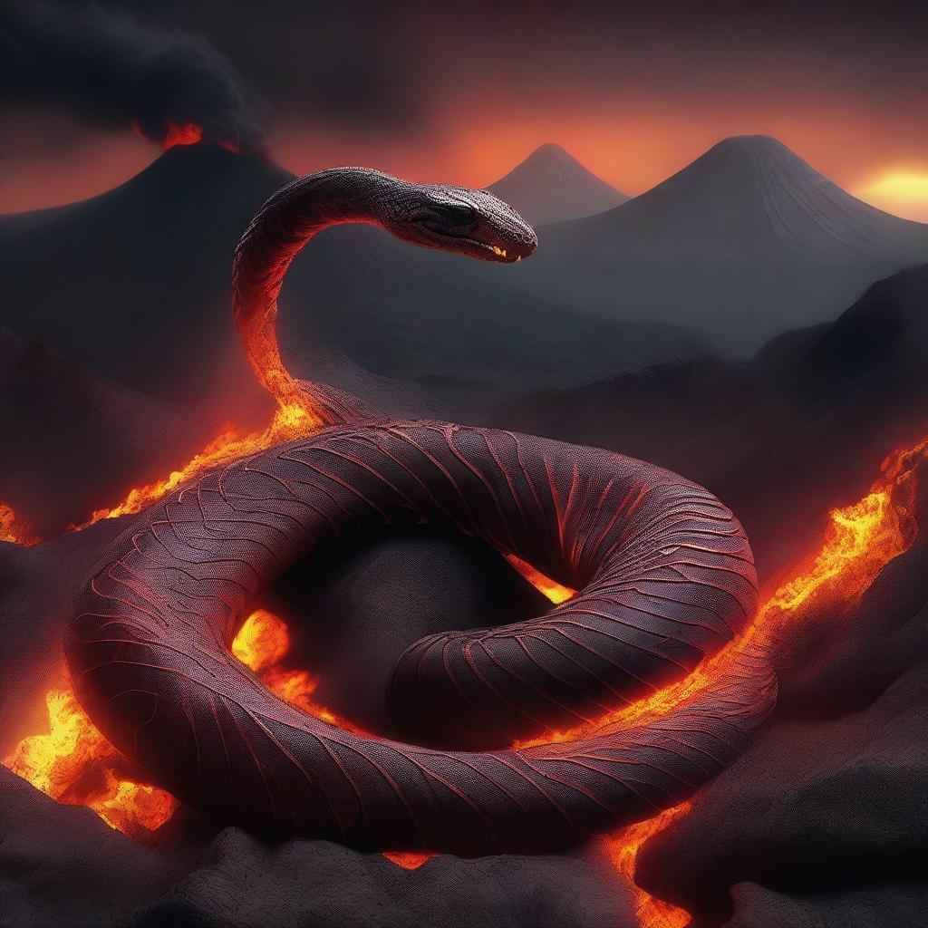 A sinuous lava snake, weaving and seething against the backdrop of a smouldering volcanic landscape.