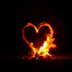 A captivating scene featuring glowing flames in a heart shape, radiating a mystical illumination against a dark backdrop