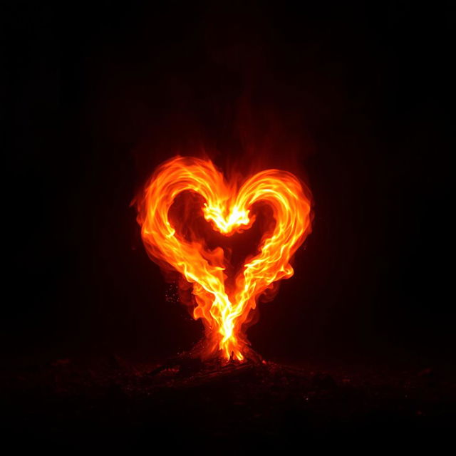 A captivating scene featuring glowing flames in a heart shape, radiating a mystical illumination against a dark backdrop