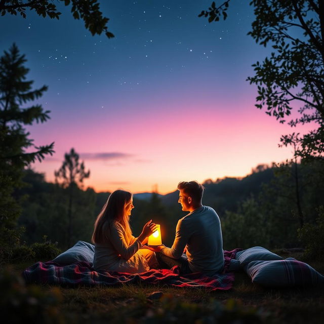 A serene scene depicting a couple sitting together in a beautiful natural setting at twilight