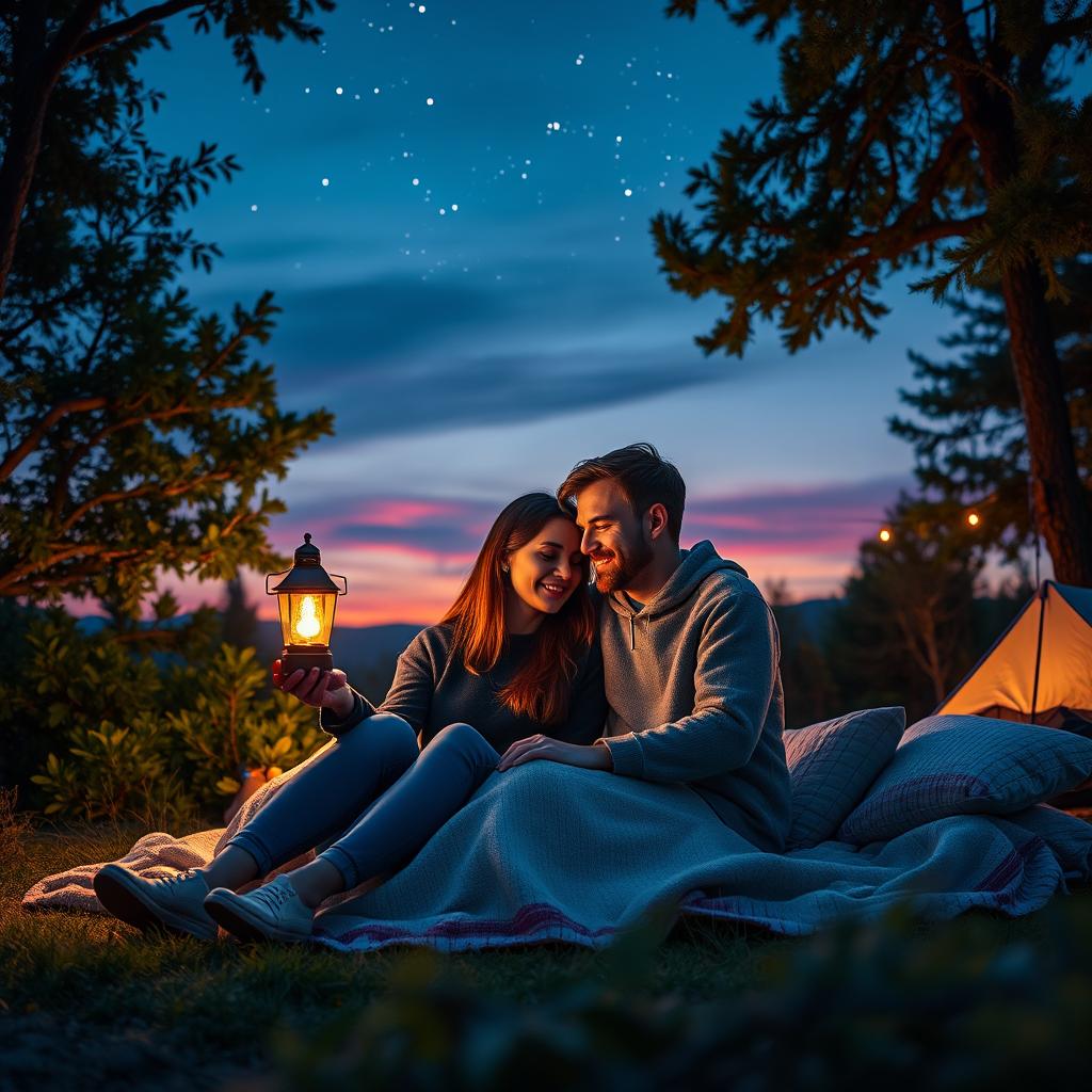 A serene scene depicting a couple sitting together in a beautiful natural setting at twilight