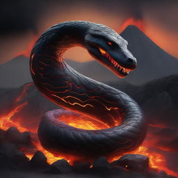 A sinuous lava snake, weaving and seething against the backdrop of a smouldering volcanic landscape.