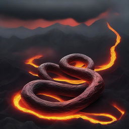 A sinuous lava snake, weaving and seething against the backdrop of a smouldering volcanic landscape.