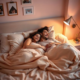 A romantic scene of a couple comfortably laying on a bed, surrounded by soft pillows and blankets
