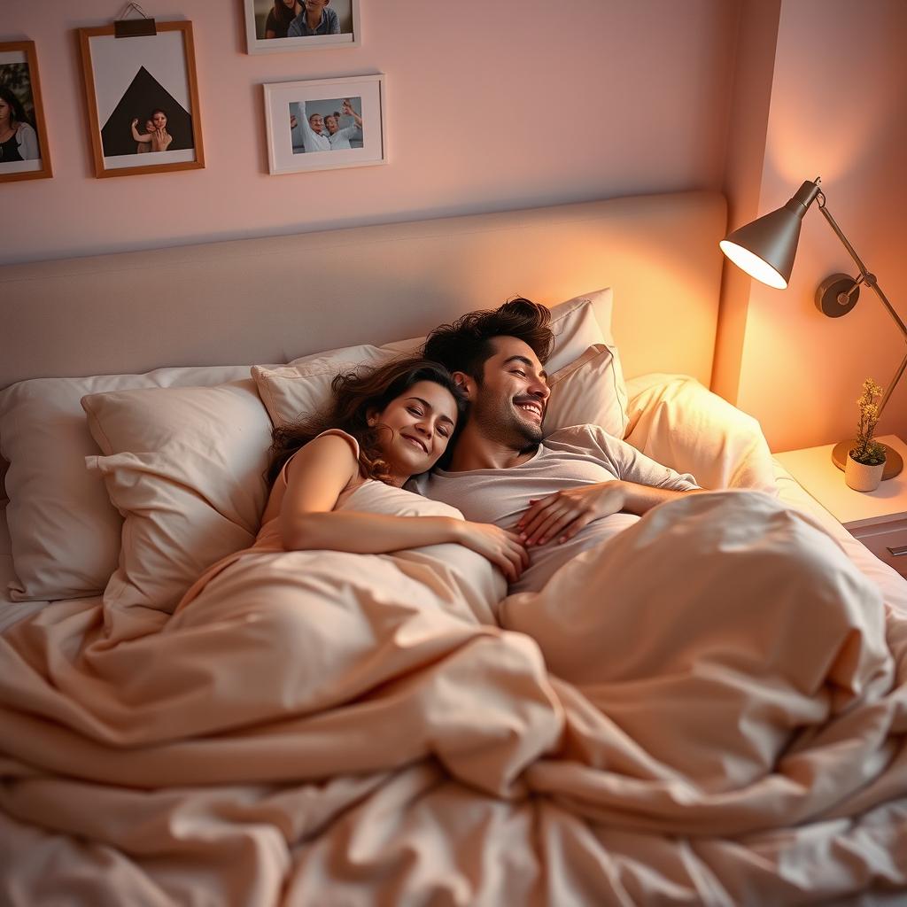A romantic scene of a couple comfortably laying on a bed, surrounded by soft pillows and blankets