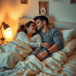 A romantic scene of a couple comfortably laying on a bed, surrounded by soft pillows and blankets