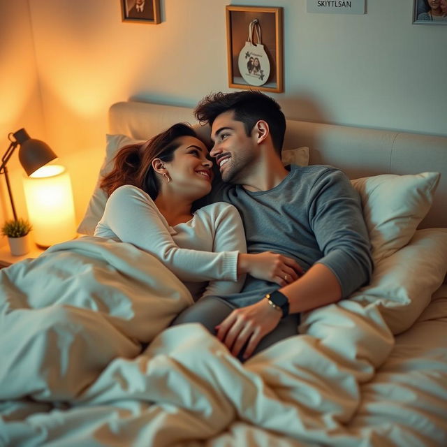 A romantic scene of a couple comfortably laying on a bed, surrounded by soft pillows and blankets