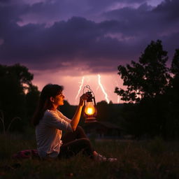 A romantic evening scene set in a serene nature environment, featuring two lovers sitting close together