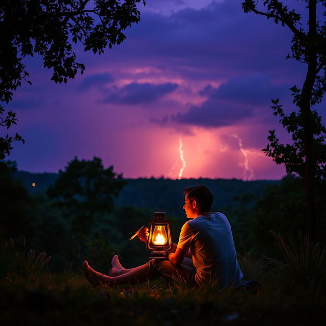 A romantic evening scene set in a serene nature environment, featuring two lovers sitting close together