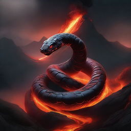 A sinuous lava snake, weaving and seething against the backdrop of a smouldering volcanic landscape.