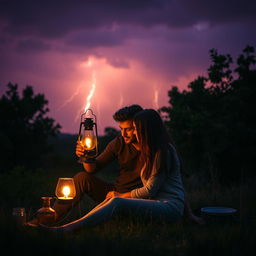 A romantic evening scene set in a serene nature environment, featuring two lovers sitting close together