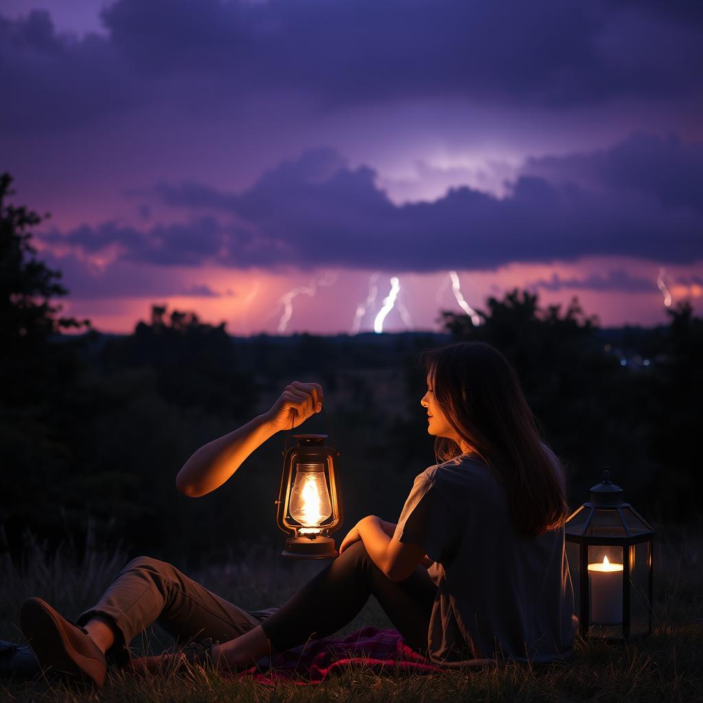 A romantic evening scene set in a serene nature environment, featuring two lovers sitting close together