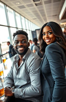 A scene at an airport bar featuring a charming black man depicted as a reckless bachelor with a playful expression, next to a stunning black woman who is a workaholic, looking shy yet flirtatious