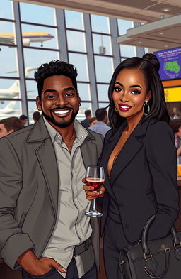 A scene at an airport bar featuring a charming black man depicted as a reckless bachelor with a playful expression, next to a stunning black woman who is a workaholic, looking shy yet flirtatious