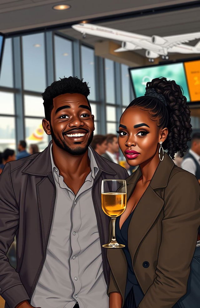 A scene at an airport bar featuring a charming black man depicted as a reckless bachelor with a playful expression, next to a stunning black woman who is a workaholic, looking shy yet flirtatious