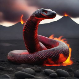 A magma Cobra, forged from smouldering lava, poised to strike against the backdrop of a volcanic crater.