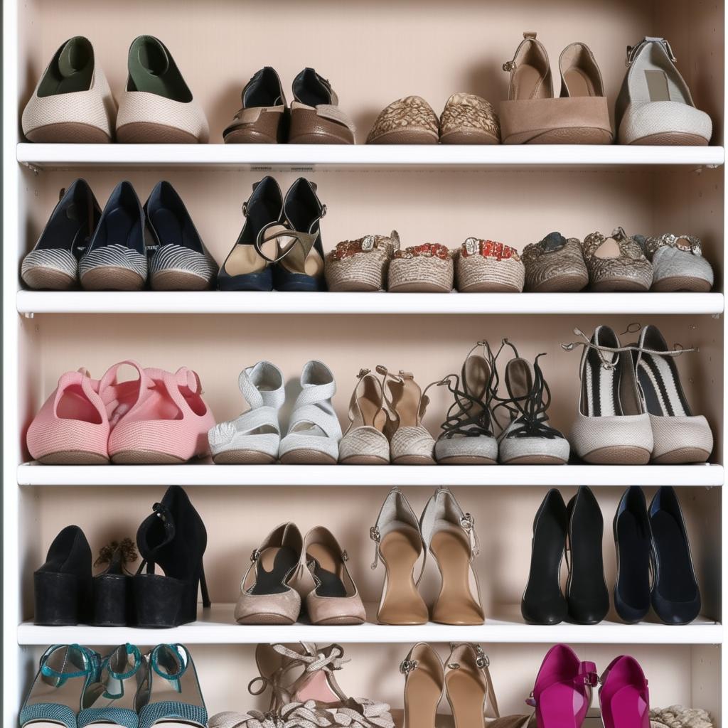 A neat and organized shoe rack filled with a variety of shoes in different styles and colors.