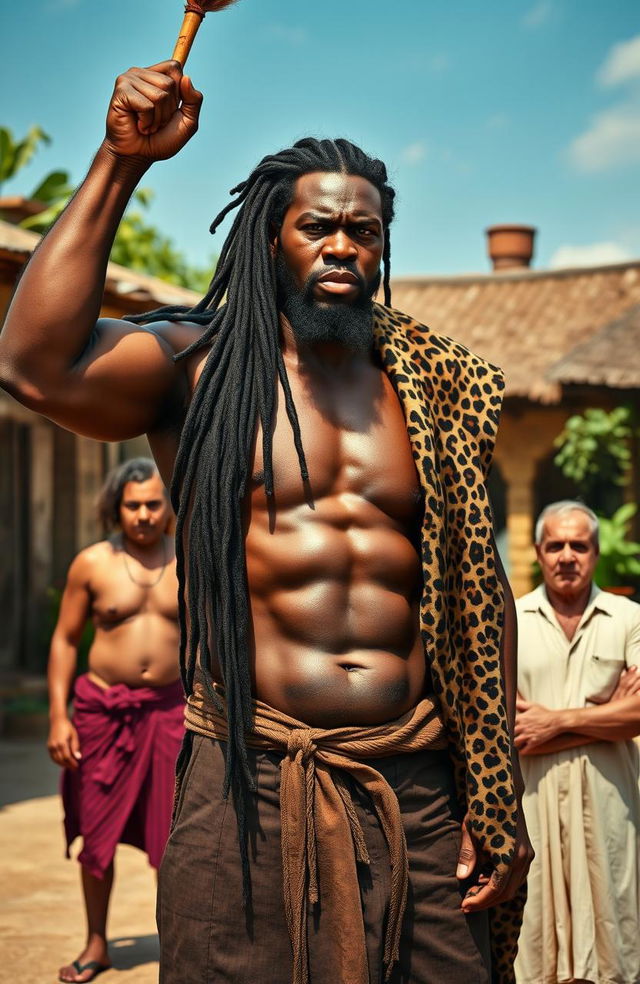 A powerful, furiously angry, well-built black man with long dreadlocks stands in a village square, bare-chested and exuding strength