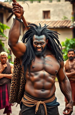 A powerful, furiously angry, well-built black man with long dreadlocks stands in a village square, bare-chested and exuding strength