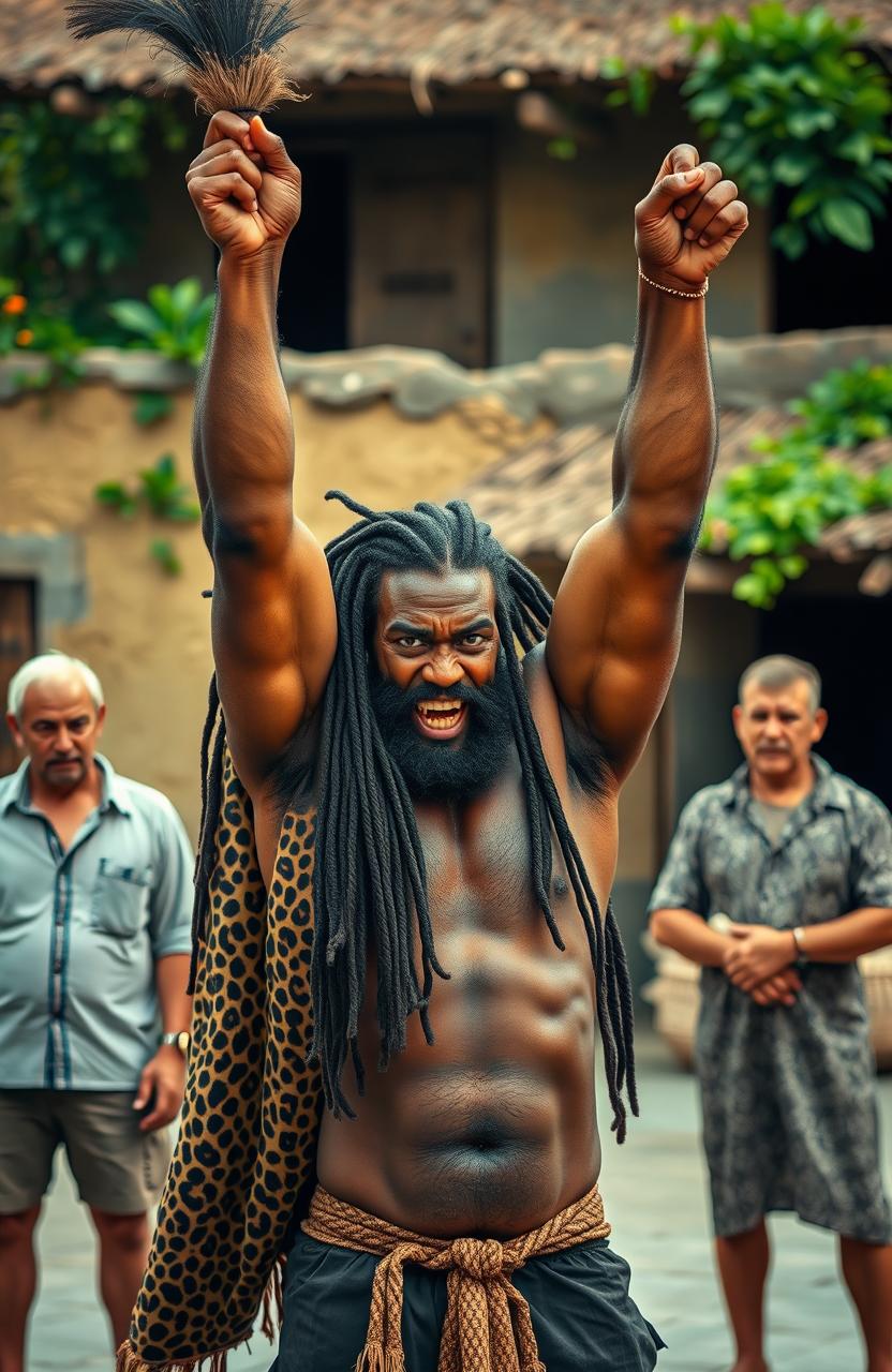 A powerful, furiously angry, well-built black man with long dreadlocks stands in a village square, bare-chested and exuding strength