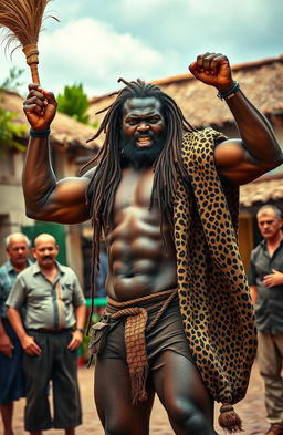 A powerful, furiously angry, well-built black man with long dreadlocks stands in a village square, bare-chested and exuding strength