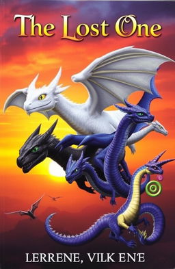 A striking fantasy book cover featuring four distinct dragons soaring into the sunset horizon