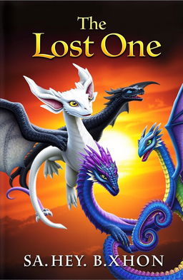 A striking fantasy book cover featuring four distinct dragons soaring into the sunset horizon