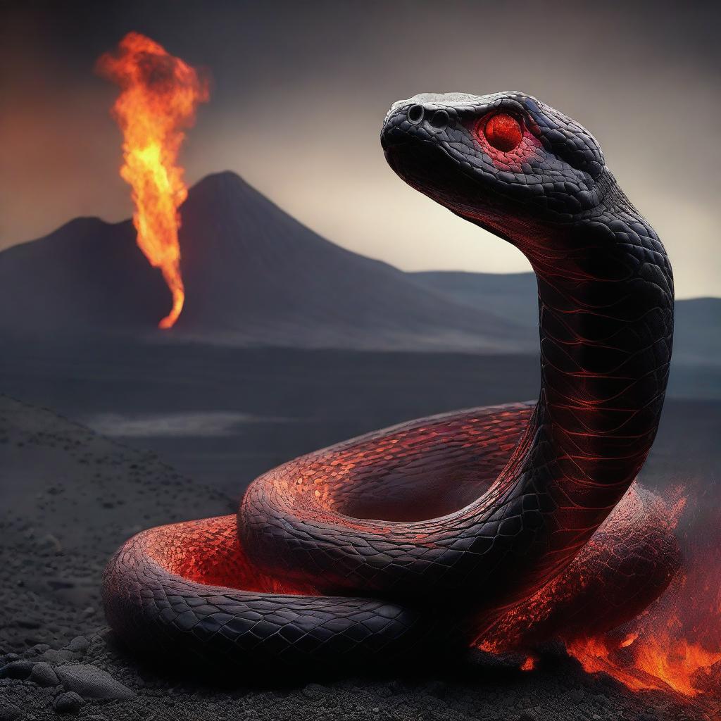 A magma Cobra, forged from smouldering lava, poised to strike against the backdrop of a volcanic crater.