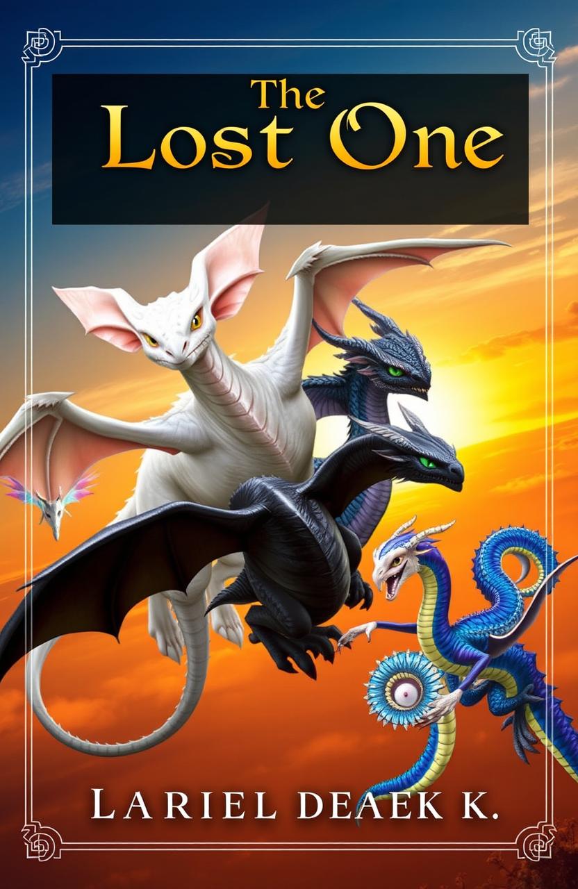 A striking fantasy book cover featuring four distinct dragons soaring into the sunset horizon