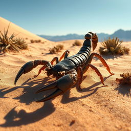 A detailed and realistic depiction of a scorpion in its natural habitat, showcasing the intricate details of its exoskeleton, pincers, and stinger