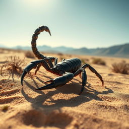 A detailed and realistic depiction of a scorpion in its natural habitat, showcasing the intricate details of its exoskeleton, pincers, and stinger