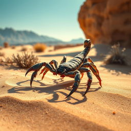 A detailed and realistic depiction of a scorpion in its natural habitat, showcasing the intricate details of its exoskeleton, pincers, and stinger